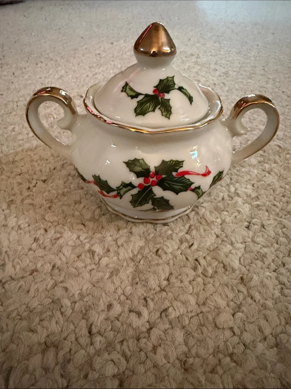 Holiday Holly Sugar Bowl with Gold Trim - White and Red